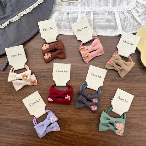 Korean Style Fabric Embroidered Bow Hair Ties Cartoon Strawberry Bear Animal High Elastic Ponytail Holder Kids Girls Hair Accessories