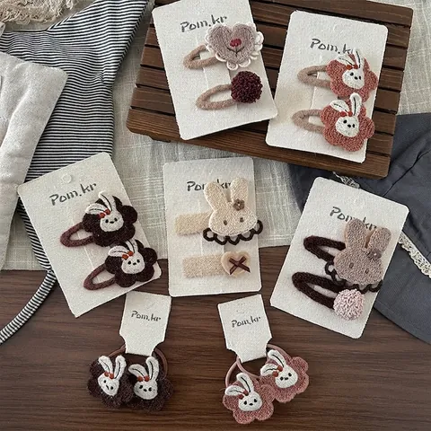 Fermagli per Capelli a Mano in Maglia Con Coniglio e Fiore per Bambina Carini Autunno Inverno Marrone Accessori Capelli