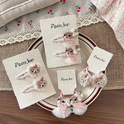 Ensemble d'Accessoires de Cheveux Animaux Brodés pour Enfants Barrettes Ours et Lapin et Élastiques Cheveux pour Filles