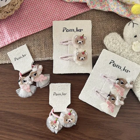 Ensemble d'Accessoires de Cheveux Animaux Brodés pour Enfants Barrettes Ours et Lapin et Élastiques Cheveux pour Filles