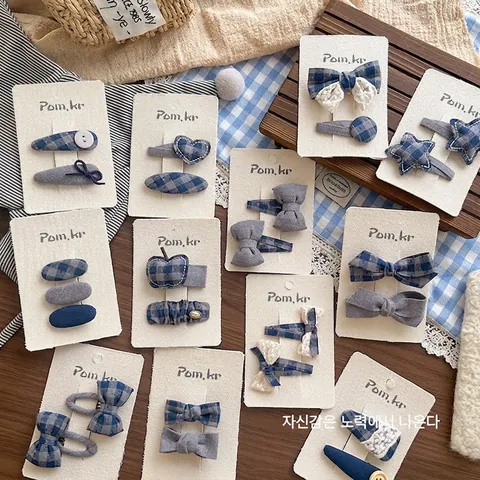 Ensemble de Pinces à Cheveux Nœud en Tissu Plaid Style Coréen pour Filles Doux Gris Bleu Étoile Cœur Épingle à Cheveux Fait à la Main Accessoires Cheveux Enfants
