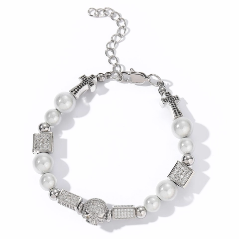 Hip-Hop Edelstahl Reflektierende Künstliche Perle Halskette Armband Set Gothic Kreuz Totenkopf Zirkonia Quadratischer Anhänger Herren Schmuck