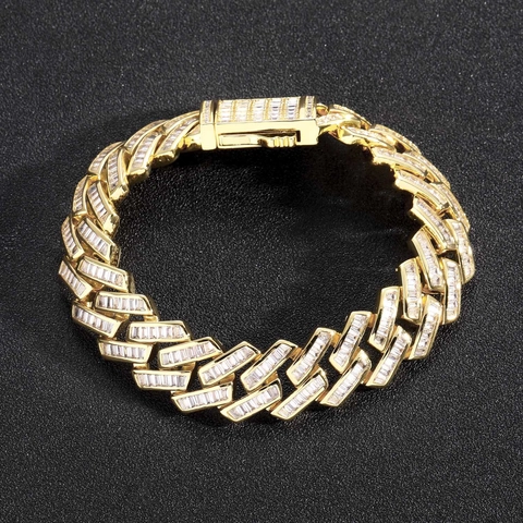Luxe Iced Out Baguette Zirkonia Cubaanse Schakel Ketting Echt Verguld Koper Hip Hop Streetwear Sieraden Voor Heren Dames
