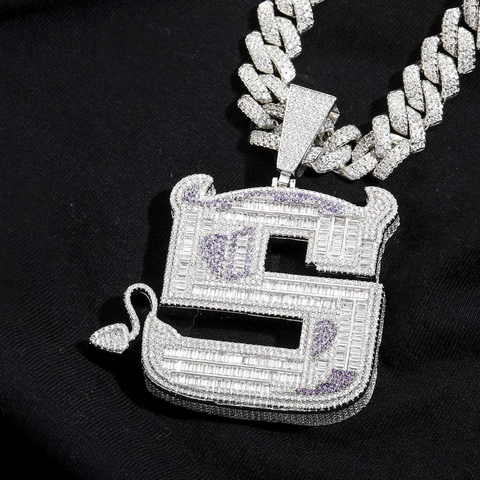 Hip Hop Demon S Letter Pendant Necklace Copper Micro Inlaid Zirconia Iced Out Purple Accents Jewelry For Men Women