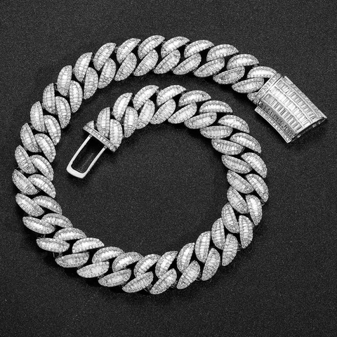 Hip Hop Men Iced Out Cuban Link Chain Necklace Copper Baguette Zirconia Heavy Miami Link Jewelry Gold Silver Plated