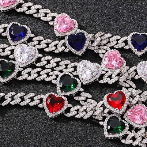 Hip Hop Cuban Link Chain Necklace Heart Shaped AAA Cubic Zirconia Rhodium Plated Brass Jewelry For Men Women Party