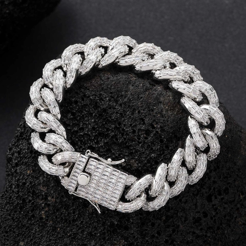 Bracciale a Maglia Cubana da Uomo 16mm Zirconia Taglio Baguette Hip Hop Rame Placcato Oro Argento Iced Out Gioielli