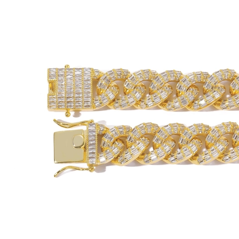 Bracciale a Maglia Cubana da Uomo 16mm Zirconia Taglio Baguette Hip Hop Rame Placcato Oro Argento Iced Out Gioielli