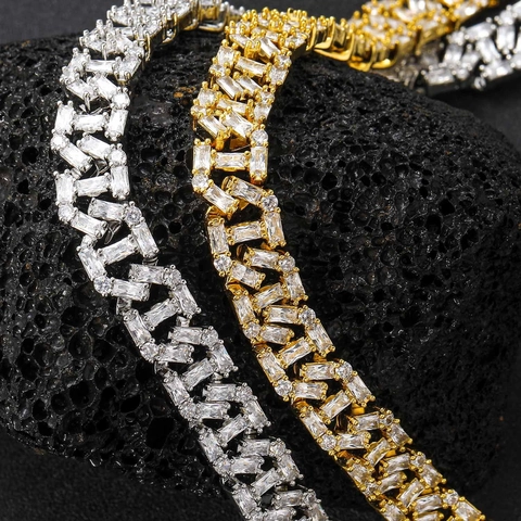 Iced Out Hip Hop Baguette Cubic Zirconia Cuban Link Chain Necklace Bracelet For Men Women Copper Rhodium Plated Jewelry