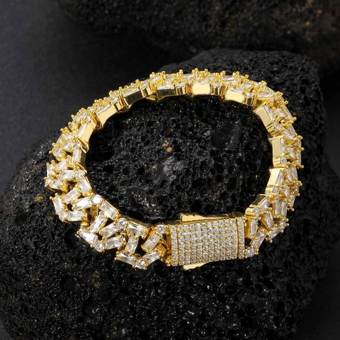 Hiphop Baguette Rund Zirkonia Eingelegt Kupfer Panzerkette Armband Gold Silber Vergoldet Luxus Schwerer Schmuck Für Herren Damen