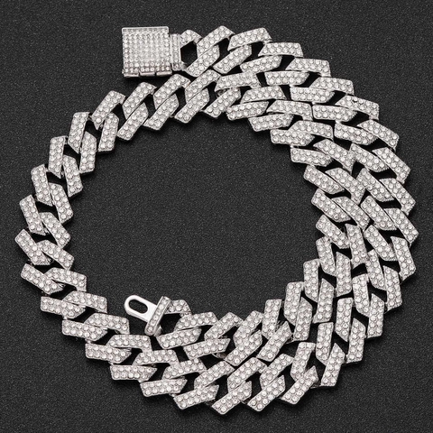 Collier Mailles Cubaines Iced Out Hip Hop pour Hommes Alliage Zirconia Losange Chaîne Épaisse Bijoux Accessoires Fête Or Argent Rose