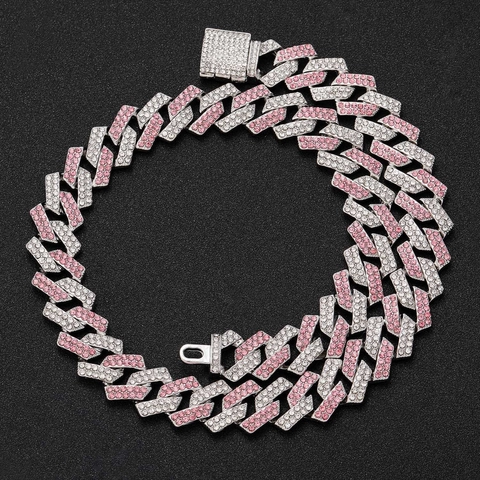 Collier Mailles Cubaines Iced Out Hip Hop pour Hommes Alliage Zirconia Losange Chaîne Épaisse Bijoux Accessoires Fête Or Argent Rose