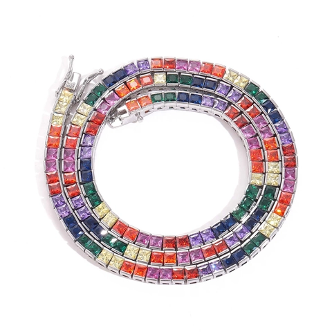Hip Hop Rainbow Square Cubic Zirconia Tennis Chain Copper Necklace Iced Out Jewelry For Party Men Women