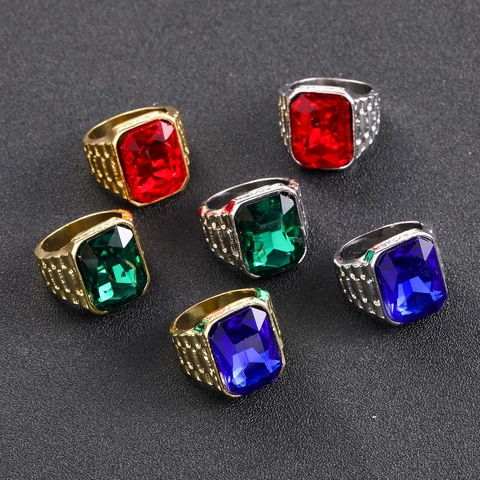 Anillo Hip Hop para Hombre Rubí Esmeralda Zafiro Cobre Zirconia Oro Plata Chapado Gema Rectangular Anillo Retro Fiesta