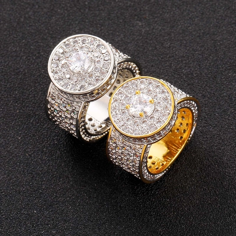 Luxury Men Hip Hop Iced Out Ring Gold Rhodium Plated Copper Pave Cubic Zirconia Big Round Cluster Fashion Jewelry Ring