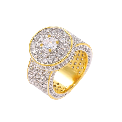 Luxury Men Hip Hop Iced Out Ring Gold Rhodium Plated Copper Pave Cubic Zirconia Big Round Cluster Fashion Jewelry Ring