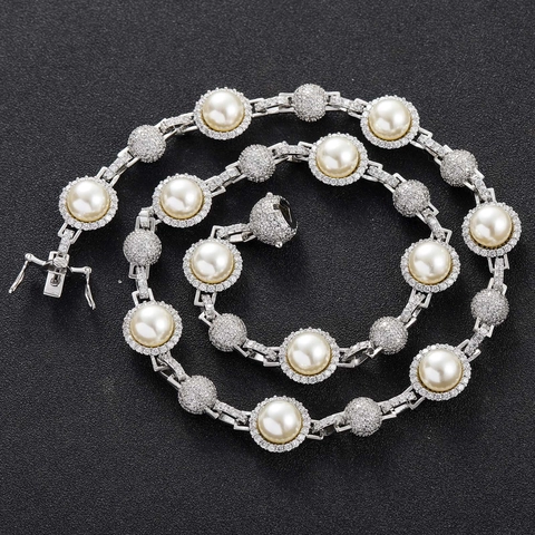 Hip Hop Rame Iced Out Zirconia Perla Artificiale Collana da Uomo Oro Argento Placcato Catena Bracciale Set Gioielli