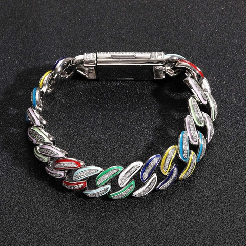 Bracciale Cuban Link Uomo Hip Hop Rame Zirconia Smalto Colorato Placcato Oro Argento Gioielli Punk Personalità Regalo Festa