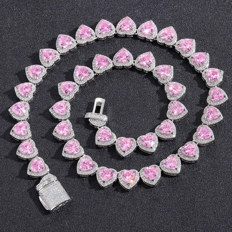 Collier Hip Hop avec Cœur et Zirconia Cubique Rose pour Femme Chaîne à Maillons en Cuivre Forme de Cœur Individuelle