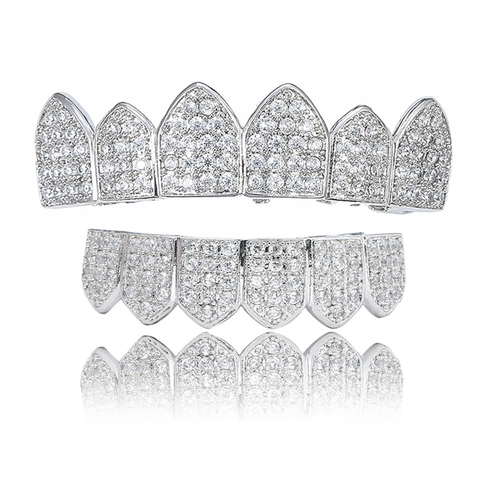 Hip Hop Iced Out Zirconia Grillz Top And Bottom Set Vampire Fangs Gold Silver Plated Alloy Dental Grills For Halloween Party Performance Men Women Jewelry