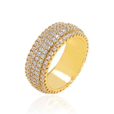 Anello Hip Hop a 5 File Pave Iced Out per Uomo Rame Zirconia Placcato Oro Argento Fascia Larga Gioielli di Moda Regalo