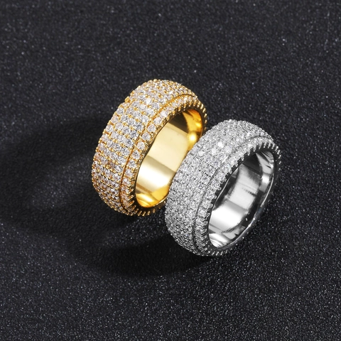 Anello Hip Hop a 5 File Pave Iced Out per Uomo Rame Zirconia Placcato Oro Argento Fascia Larga Gioielli di Moda Regalo