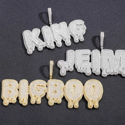 Collana con Pendente Lettera Nome Gocciolante Hip Hop Gioielli in Rame Zirconia Con Catena a Corda in Acciaio Inossidabile Uomo