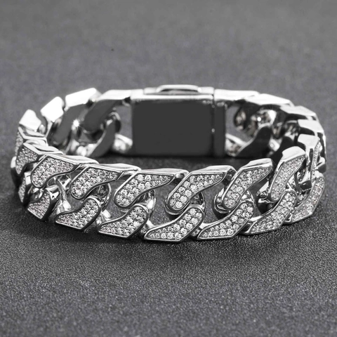 Bracciale da Uomo Hip Hop 16mm Catena Cubana in Rame con Intarsio di Zirconia Placcato Oro Vero Gioielli Geometrici di Moda