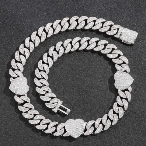 Hip Hop Heart Cuban Link Chain Necklace Iced Out Zirconia Copper Real Gold Silver Plated Jewelry For Men Women Party Accessory