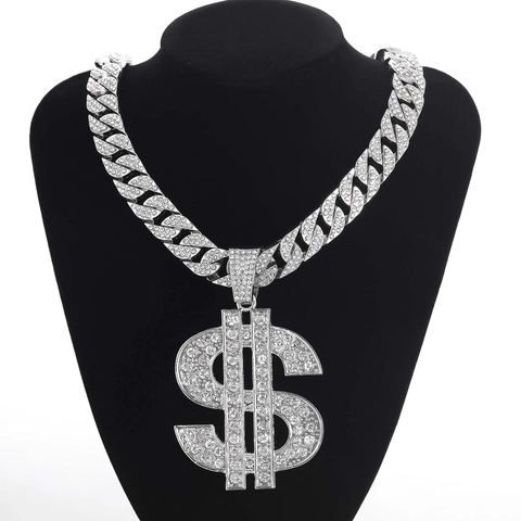 Hip Hop Iced Out Dollarteken Hanger Halsketting Legering Strass Cubaanse Schakelketting Voor Heren Streetwear Sieraden Goud Zilver