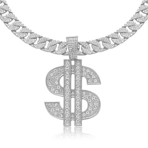 Hip Hop Iced Out Dollarteken Hanger Halsketting Legering Strass Cubaanse Schakelketting Voor Heren Streetwear Sieraden Goud Zilver