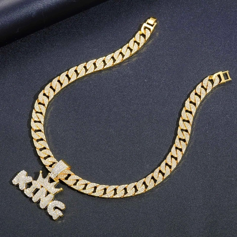 Hip Hop KING Crown Letter Pendant Necklace Zinc Alloy Rhinestone Men Iced Out Cuban Link Chain Jewelry Gold Silver