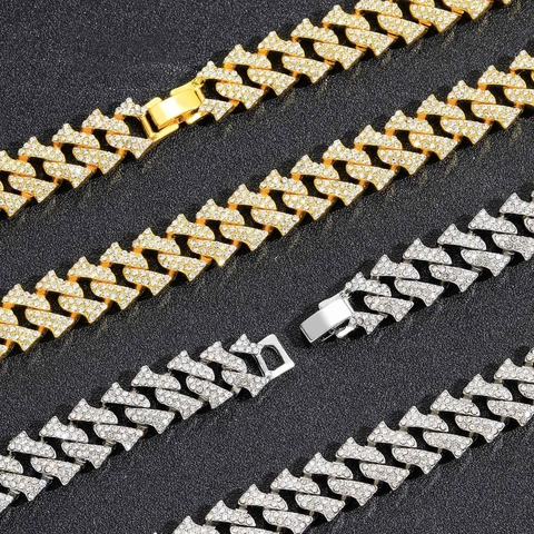 Hip Hop Alloy Cuban Link Chain Necklace For Men Full Rhinestone Geometric Pave Iced Out Gold Silver Plated Jewelry Accessories
