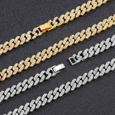 Cadena de Eslabones Cubanos Hip Hop para Hombres Mujeres Aleación Chapada en Oro Plata Strass Joyería Iced Out
