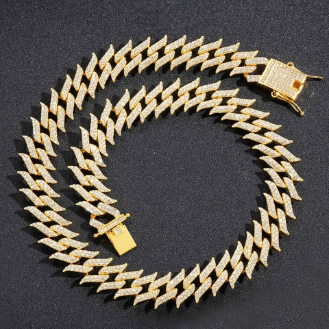 Αλυσίδα Hip Hop Men Cuban Link Necklace Με Καρφιά από Κράμα Με Διπλή Σειρά Στρας Μόδα του Δρόμου Κοσμήματα Αγκάθι Χρυσό Ασημί
