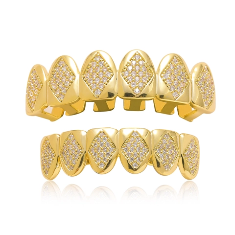 Hip Hop Micropaved Zirconia Dental Grillz Copper Gold Plated Top And Bottom Teeth Halloween Party Individual Cool Jewelry For Men Women