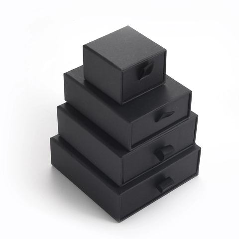 Caja de Joyas de Papel Kraft Negra Tipo Cajón Caja de Regalo Deslizante Para Anillo Collar Pendientes Con Esponja