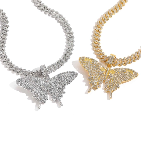 Hip Hop Iced Out Schmetterling Anhänger Halskette Für Herren Legierung Strass Panzerkette Individualität Schmuck Geschenk
