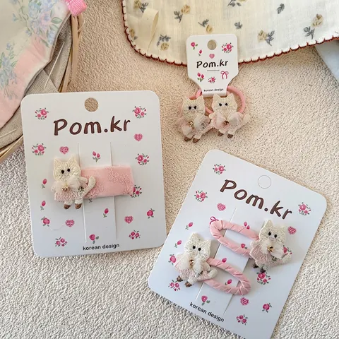 Süße Rosa Stoff Katze Stickerei Haarklammern Für Kinder Mädchen Handgefertigte Spitze Bogen Haarnadeln Strass Haargummis Mode Haarschmuck