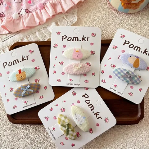 Set di Fermagli per Capelli Cartoon per Ragazze Motivo a Quadri Avvolti in Tessuto Decorazione a Fiocco Fermagli Laterali