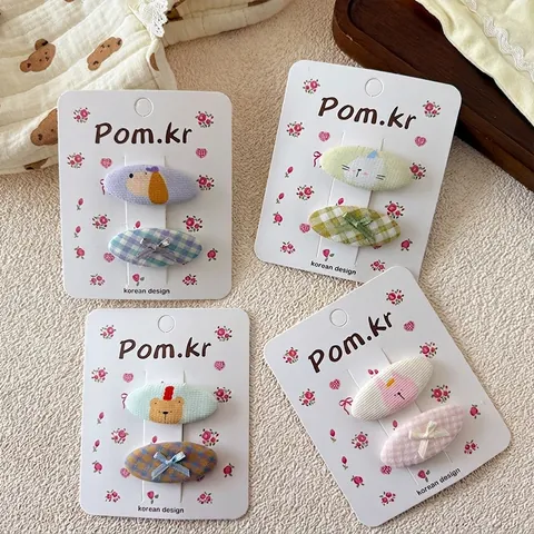 Set di Fermagli per Capelli Cartoon per Ragazze Motivo a Quadri Avvolti in Tessuto Decorazione a Fiocco Fermagli Laterali