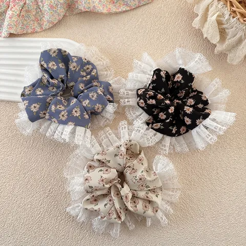 Dolci Elastici per Capelli in Tessuto di Pizzo Floreale per Ragazze Stile Coreano Grandi Elastici Elegante Accessorio Fatto a Mano