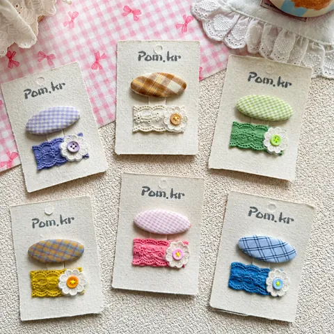 Sweet Floral Checkered Fabric Lace Hair Clip Set Handmade Korean Style Bow Barrettes For Kids Girls Daily Hair Decor
