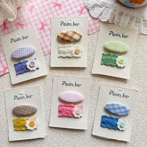 Set de Horquillas de Tela y Encaje con Flores y Cuadros Lazo Hecho a Mano Estilo Coreano para Niñas Decoración