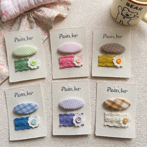 Set de Horquillas de Tela y Encaje con Flores y Cuadros Lazo Hecho a Mano Estilo Coreano para Niñas Decoración