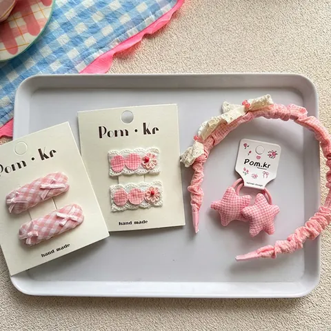 Kinder Süß Rosa Karomuster Spitze Schleife Haar-Accessoires-Set Handgefertigte Schleife Haarklammern Plissee Stirnband Mädchen
