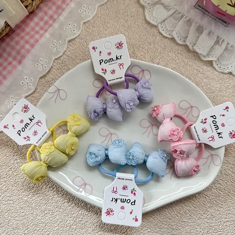 Sweet Korean Style Kids Bowknot Hair Ties Fabric Floral Artificial Pearl Ponytail Holders Girls Macaron Color Hair Accessories