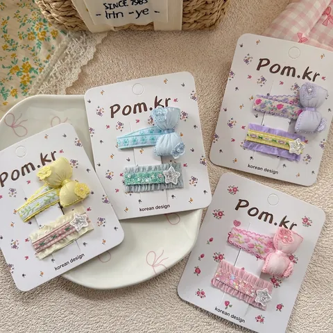 Ensemble De Barrettes À Cheveux Nœud Brodé Style Coréen Pour Filles Paillettes Étoiles Dentelle Princesse Pinces À Cheveux Enfant