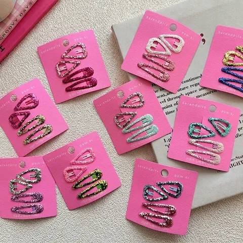 Ensemble de 4 Barrettes à Cheveux BB à Paillettes Scintillantes pour Enfants et Filles Forme de Cœur et Goutte d'Eau en Tissu Accessoires Cheveux