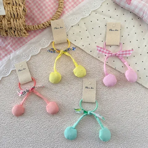 Sweet Cherry Bow Hair Ties For Girls Handmade Fabric Elastic Rubber Bands Cartoon Fruit Pompom Ponytail Holders Kids Hair Accessories